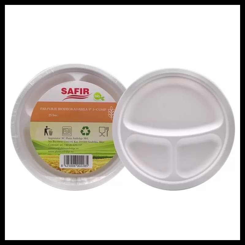 Farfurie biodegradabila din trestie de zahar 23 cm 3 compartimente  25buc/set