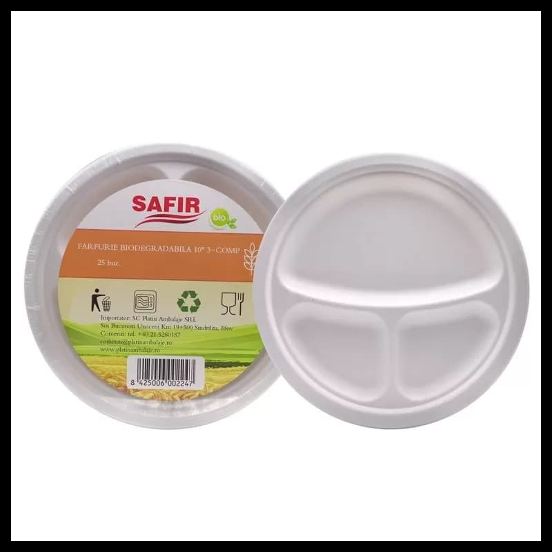 Farfurie biodegradabila din trestie de zahar 26 cm 3 compartimente 25buc/set