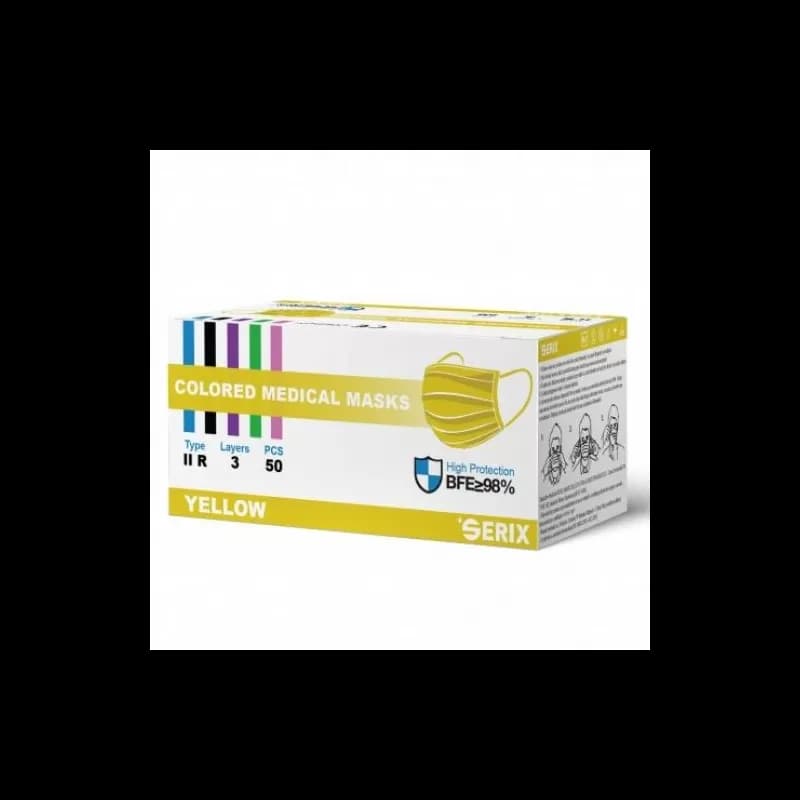 Serix masti medicale tip IIR de protectie faciala, 3 straturi, 3 pliuri si elastic, 50 buc, galben