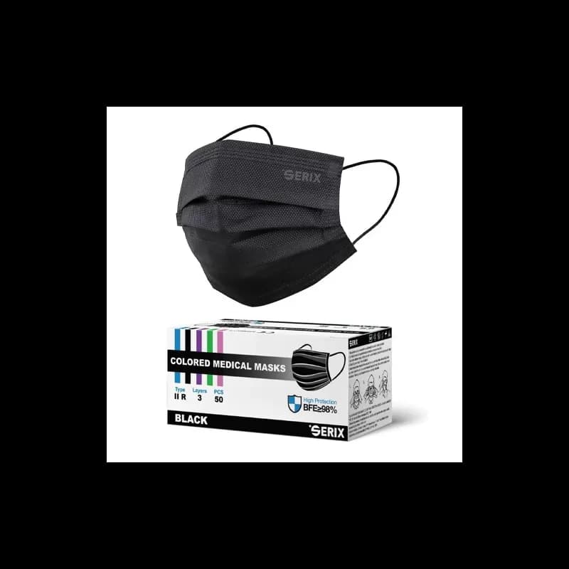 Serix masti medicale tip IIR de protectie faciala, 3 straturi, 3 pliuri si elastic, 50 buc, negru