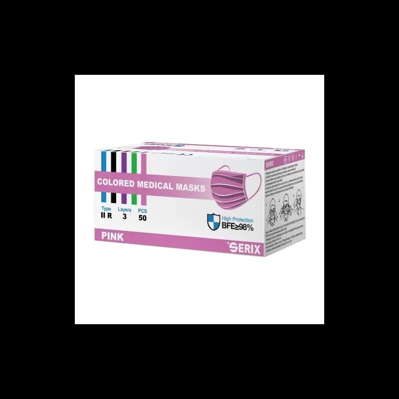 Serix masti medicale tip IIR de protectie faciala, 3 straturi, 3 pliuri si elastic, 50 buc, roz