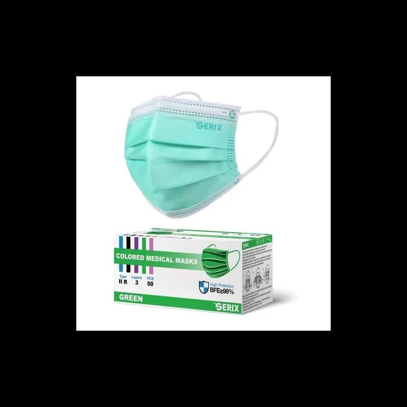 Serix masti medicale tip IIR de protectie faciala, 3 straturi, 3 pliuri si elastic, 50 buc, verde