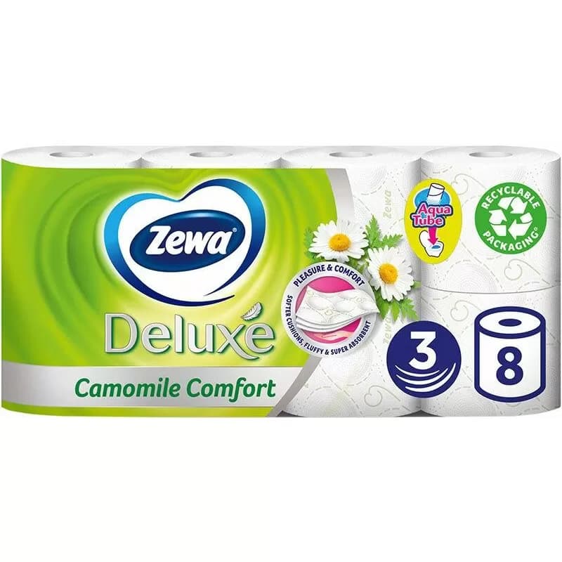 Zewa Deluxe hartie igienica parfumata, 8 role/set, 3 str, Camomile Comfort
