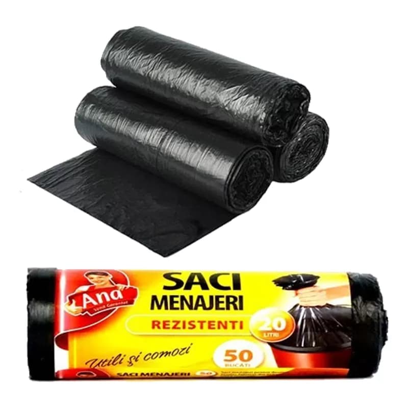 Saci menajeri 20L negri, rezistenti, 50 buc/rola Anna