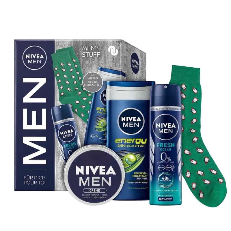 Nivea caseta gel de dus 250ml + deodorant 150ml + crema 75ml + sosete Men Energy
