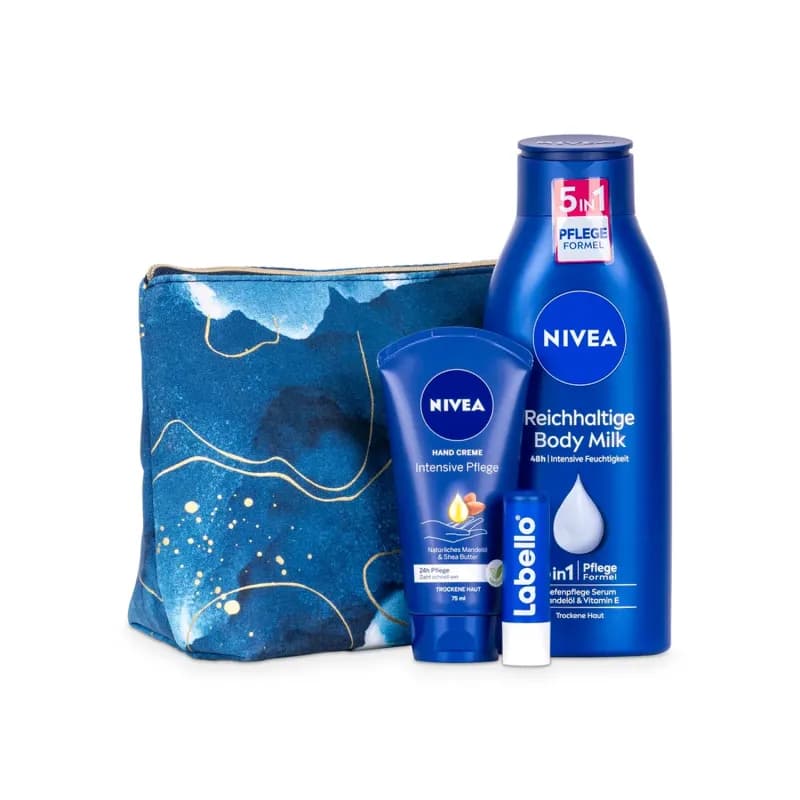 Nivea borseta lapte de corp 400ml + crema de maini 75ml + balsam de buze 4.8g + borseta Perfect Day