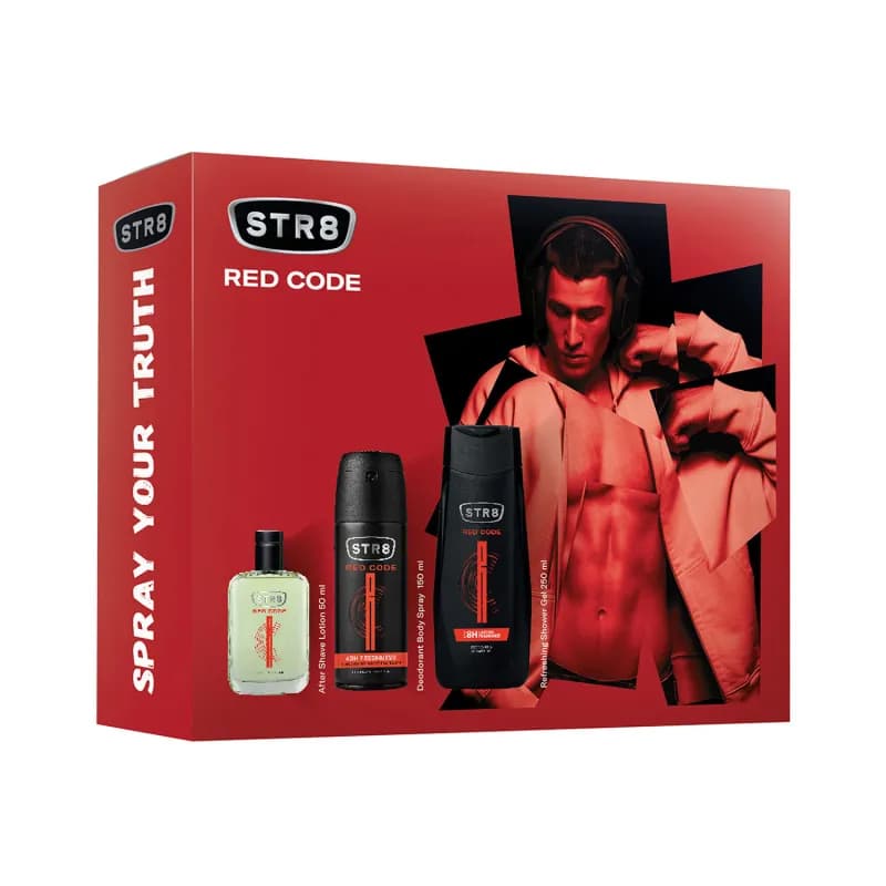 STR8 casete cadou pentru barbati 3 piese, after shave lotion 50ml + deodorant 150ml + gel de dus 250ml, Red Code