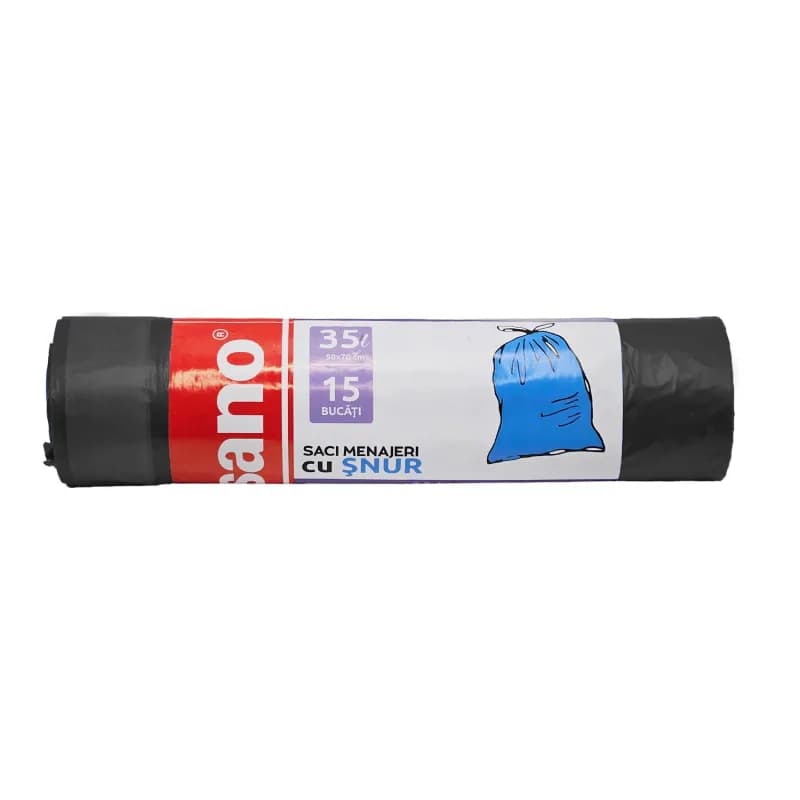 Sano saci menajeri cu snur 35L, 50x70 cm, 15 buc, Negru