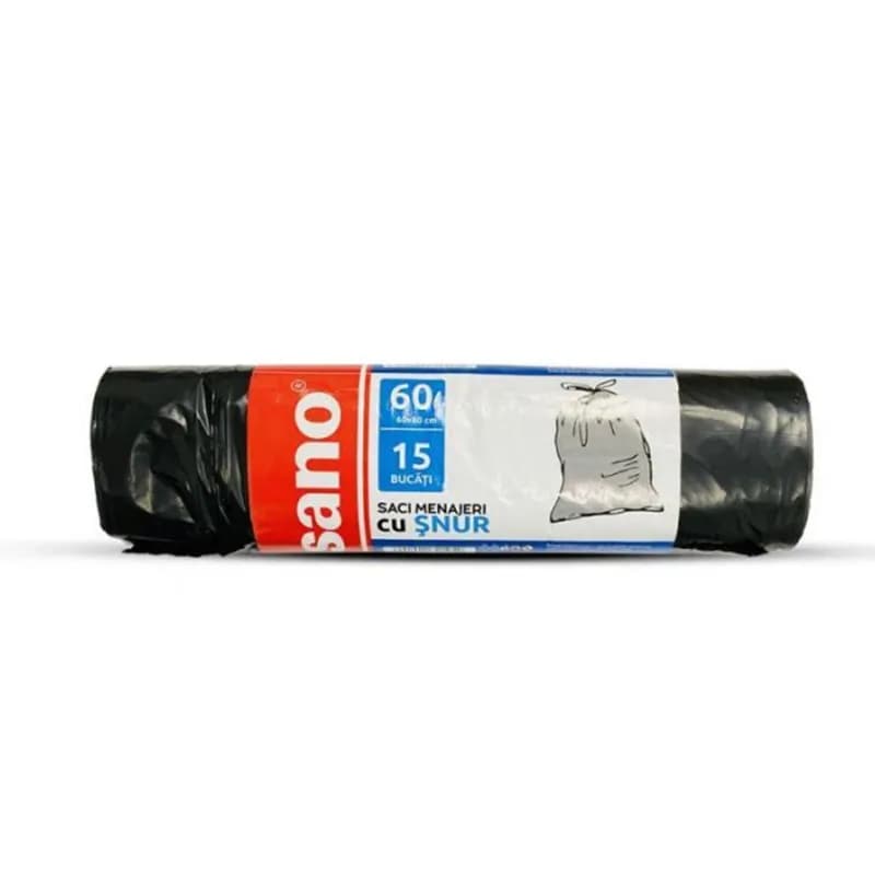 Sano saci menajeri cu snur 60L, 60x80 cm, 15 buc, Negru