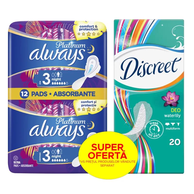 Always pachet: Aborbante Always Platinum Night, 12 buc + Absorbante zilnice Discreet Waterlily, 20 buc