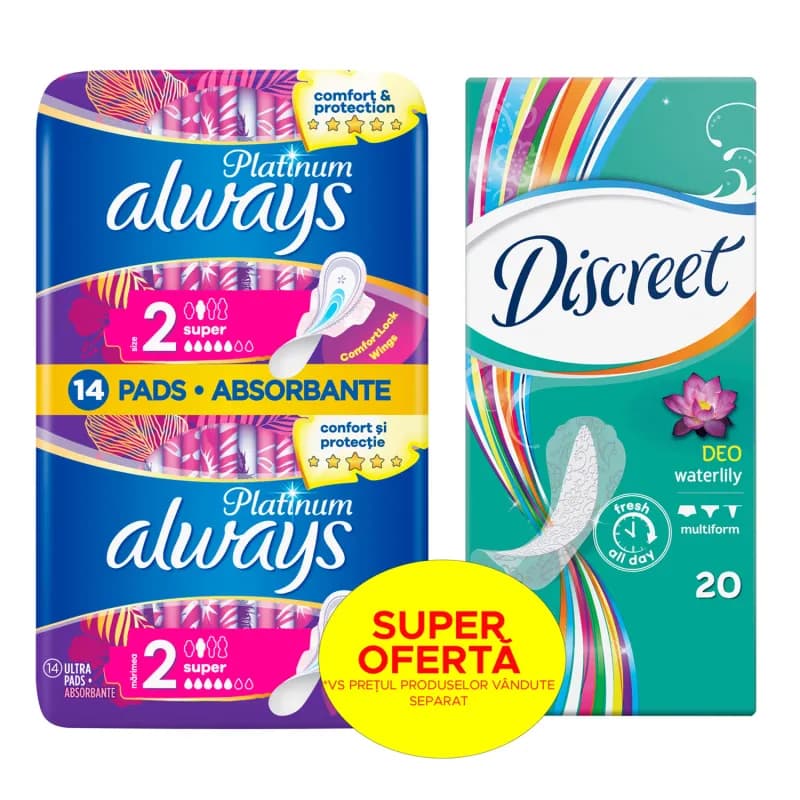 Always pachet: Aborbante Always Platinum Super, 14 buc + Absorbante zilnice Discreet Waterlily, 20 buc