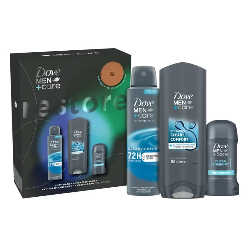 Dove caseta barbati Clean Comfort: gel de dus 250ml + deodorant spray 150ml + deodorant stick 50ml + wireless charging pad