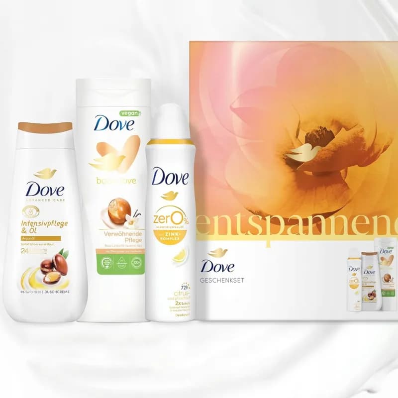 Dove caseta cadou Entspannend Intensive 3 piese: gel de dus 225ml + lapte de corp 400ml + deodorant spray 150ml