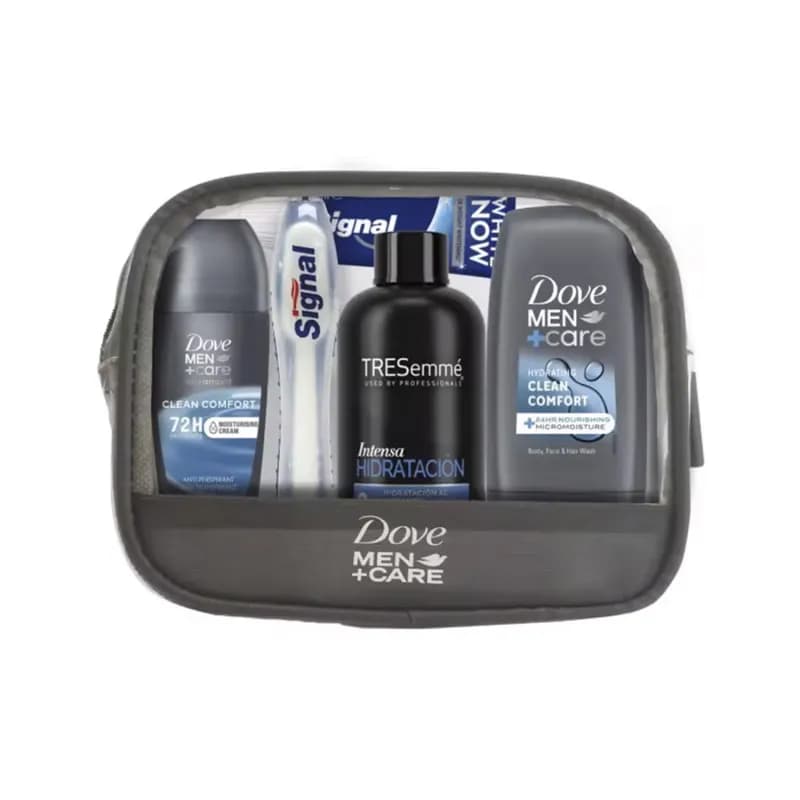 Dove borseta cadou barbati: sampon 100ml + gel de dus 55ml + roll-on 50ml + pasta de dinti Signal 14ml + periuta de dinti