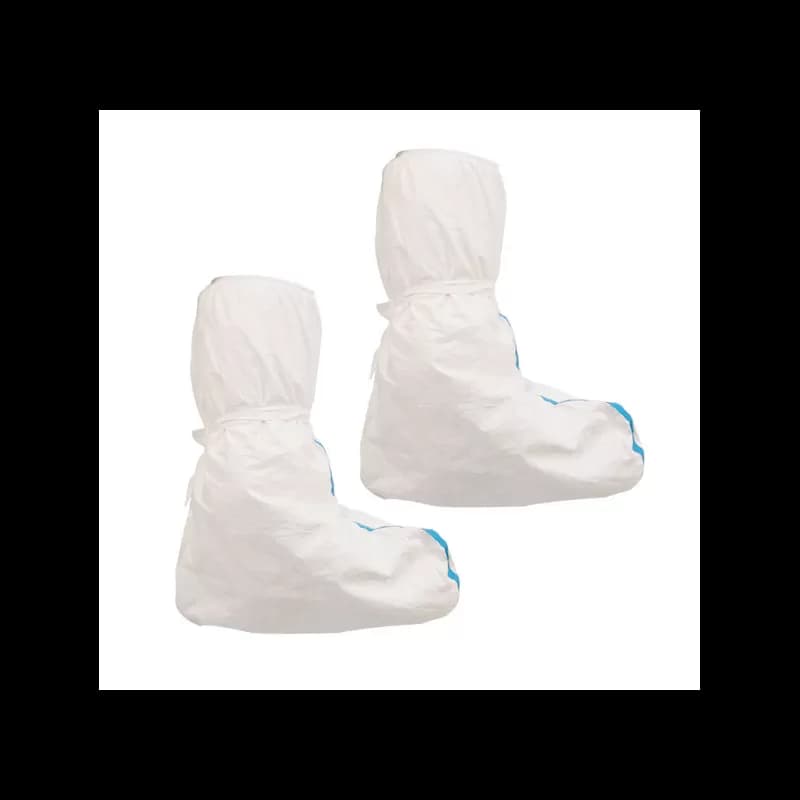 Botosei tip cizma de protectie, albe cu dungi termolipite, polipropilena laminata, 55 gr/mp, talpa antiderapanta, 2 buc