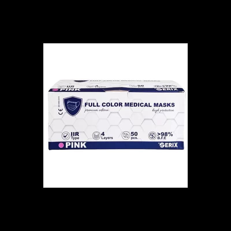 Serix masti medicale tip IIR de protectie faciala, 4 straturi, 3 pliuri si elastic, 50 buc, roz