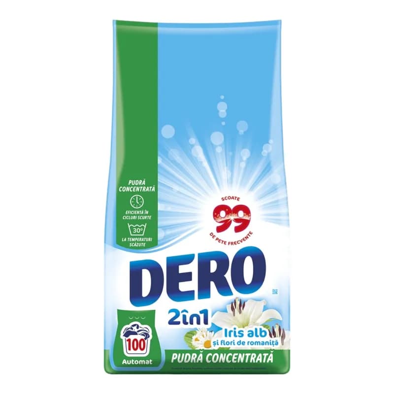 Dero 2 in 1 detergent automat de rufe pudra 7.5 kg , 100 spalari Iris Alb & Flori
