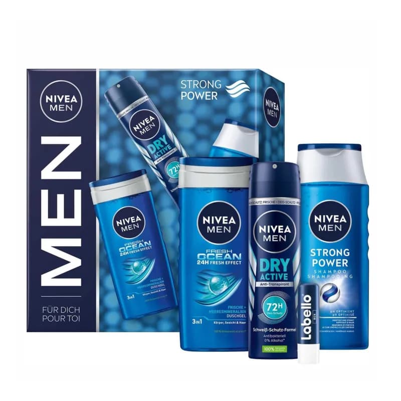 Nivea caseta gel de dus 250ml + sampon 250ml + deodorant 150ml + balsam de buze 5.5g Men Strong Power