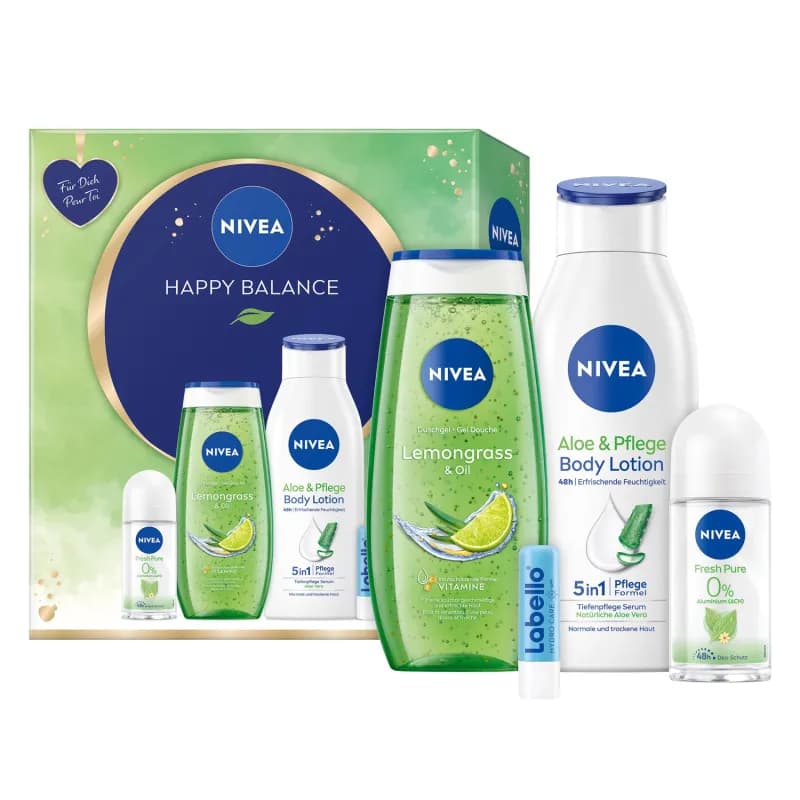 Nivea caseta cadou Happy Balance 4 piese: gel de dus 250ml + lotiune de corp 400ml + roll-on 50ml + lip stick
